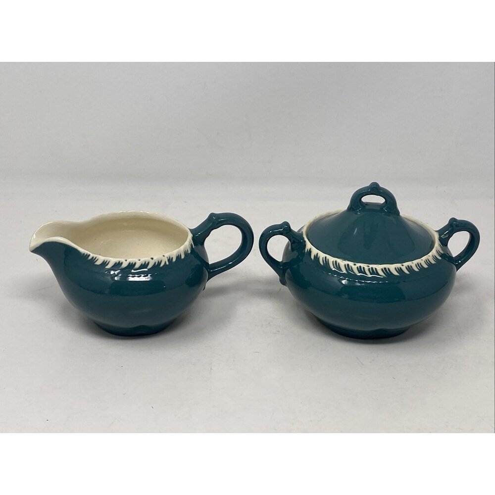 Harker Corinthian Dark Teal Green Sugar  Creamer Gadroon Edge Vintage Harkerware